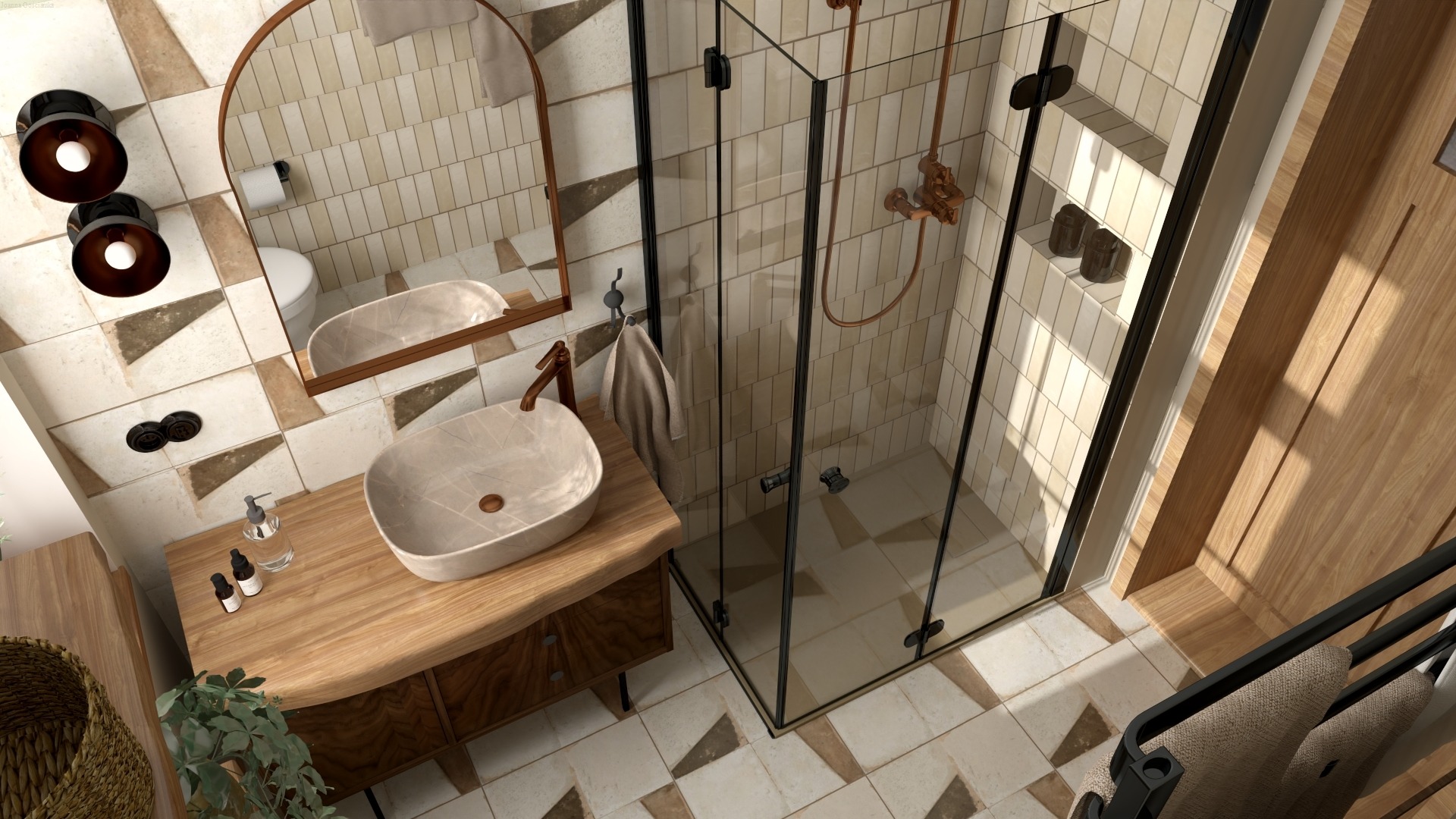 Wnętrze łazienki z kabiną prysznicową w stylu retro, umywalką nablatową z marmurkowym wzorem na drewnianej szafce o zaokrąglonych kształtach, armaturą w kolorze miedzi i geometrycznymi płytkami...