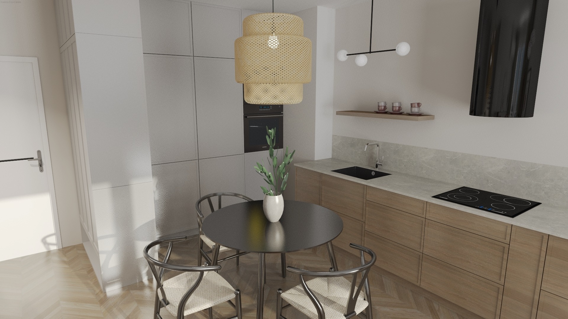 Wizualizacja nowoczesnej kuchni z okrągłym, czarnym stołem otoczonym trzema krzesłami z metalową ramą i plecionymi siedziskami, pod ażurową lampą w odcieniach beżu. W tle zabudowa kuchenna...