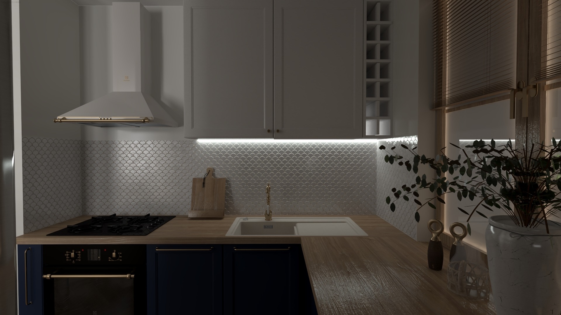 Nowoczesna kuchnia z granatowymi szafkami, drewnianym blatem, mozaiką w kształcie rybiej łuski i złotymi akcentami, oświetlona ledowym paskiem podszafkowym.