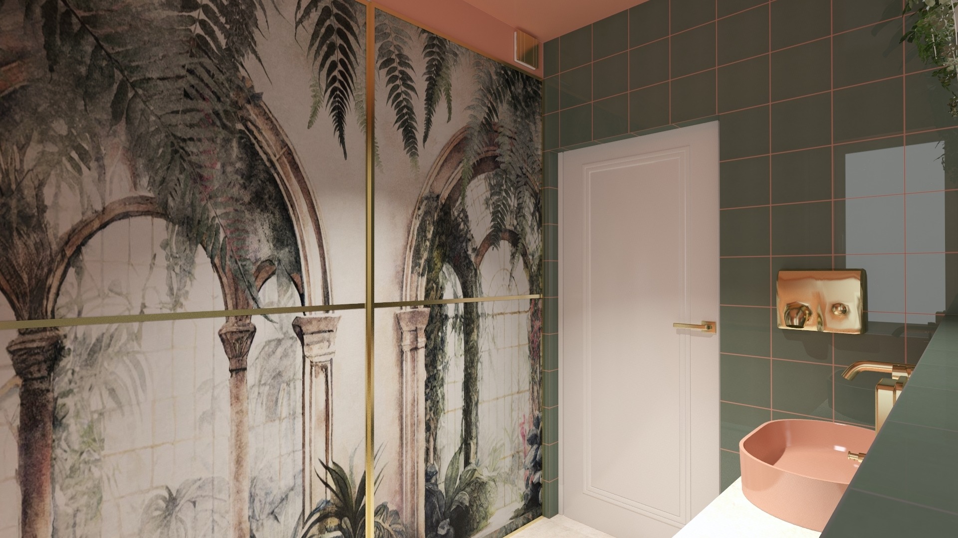 Wizualizacja łazienki z zielonymi płytkami, umywalką w odcieniu brzoskwini i fototapetą z motywem architektury i roślinności.
