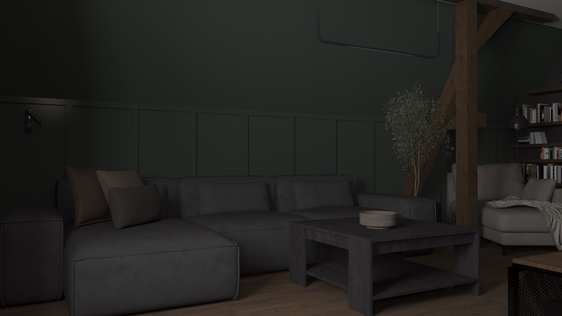 Ciemnozielony salon z modułową sofą, drewnianym stolikiem kawowym i dekoracyjnym drzewkiem w tle, oświetlony nowoczesną lampą sufitową i punktowym oświetleniem ściennym.