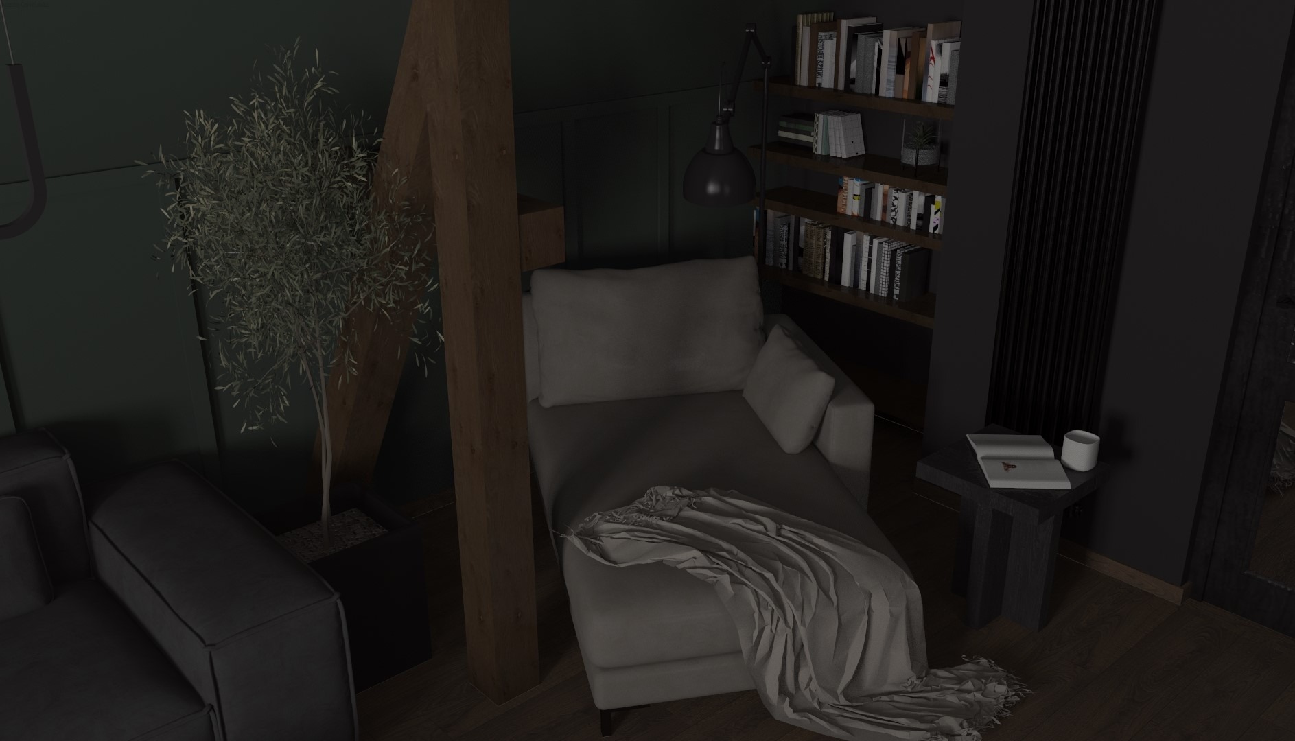 Minimalistyczny kącik do czytania z szarą leżanką przykrytą pledem, drewnianą belką konstrukcyjną, regałem z książkami i stolikiem z otwartą książką i kubkiem, w pokoju o ciemnych ścianach.