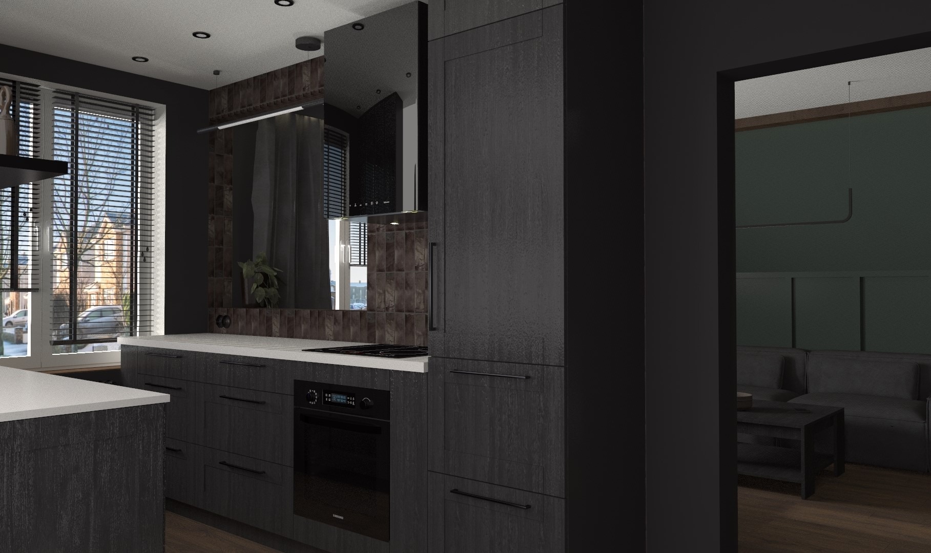 Wizualizacja nowoczesnej kuchni w ciemnej kolorystyce, z drewnianymi frontami szafek, białym blatem, czarnym okapem i piekarnikiem, widok na salon w tle.