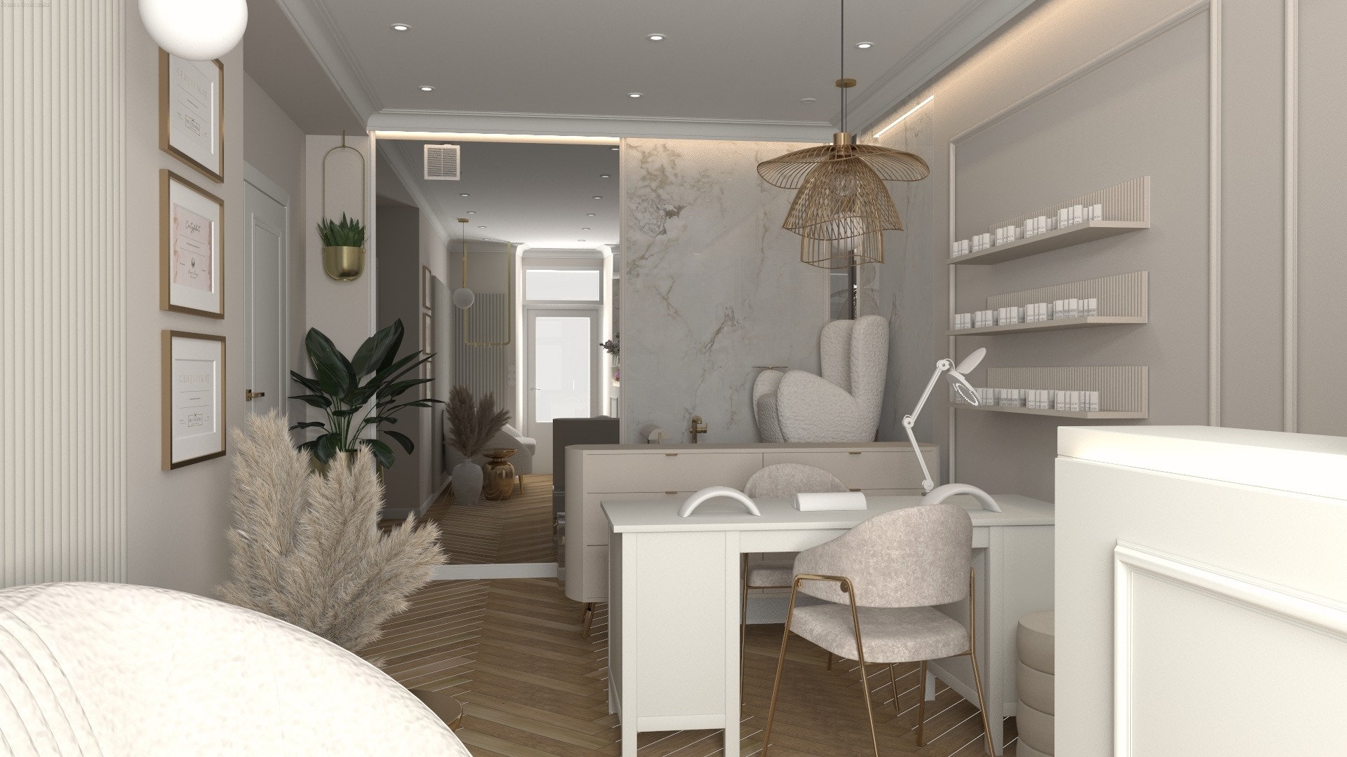 Wizualizacja jasnego wnętrza salonu kosmetycznego z marmurową ścianą, stylizowanym oświetleniem i stanowiskiem do manicure z lampą LED oraz krzesłem na złotych nogach.