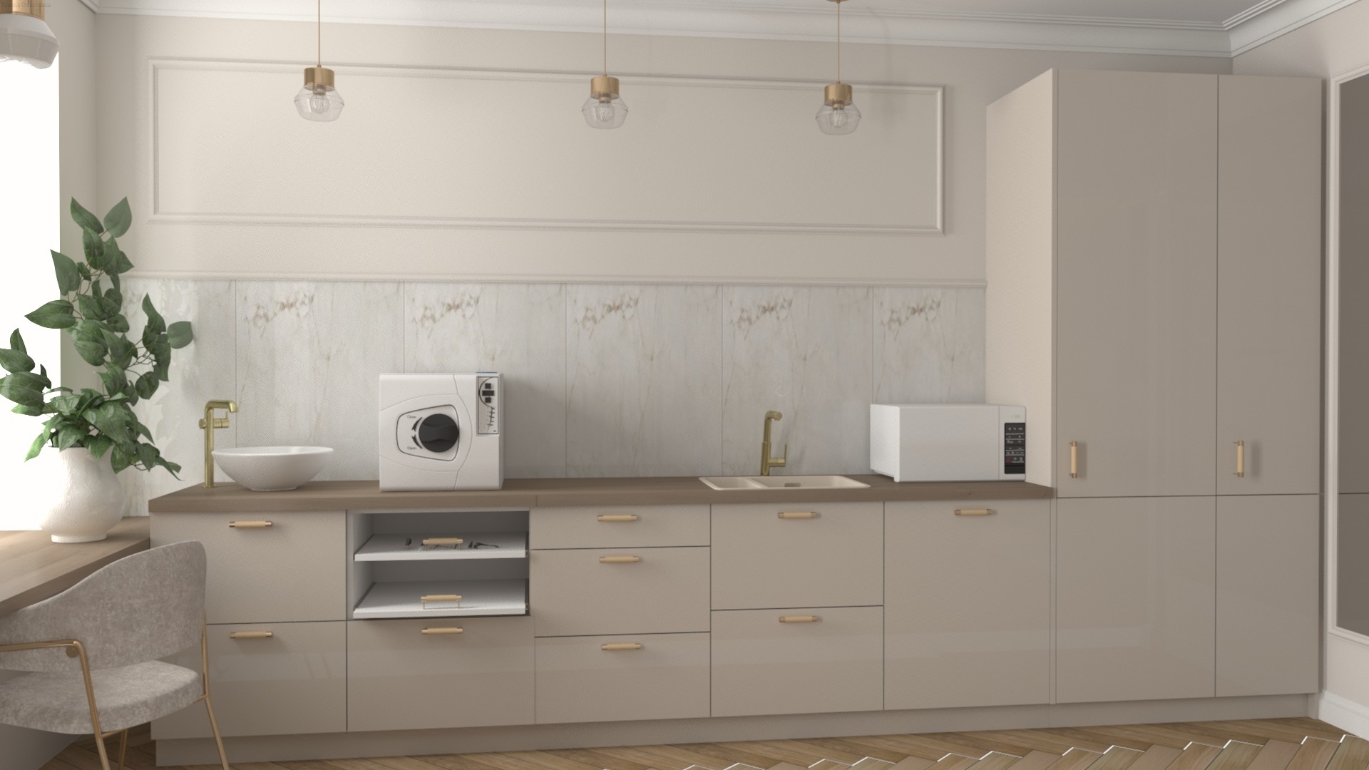 Jasna łazienka z pralką w zabudowie, umywalką nablatową, złotą armaturą i drewnianą podłogą w jodełkę.