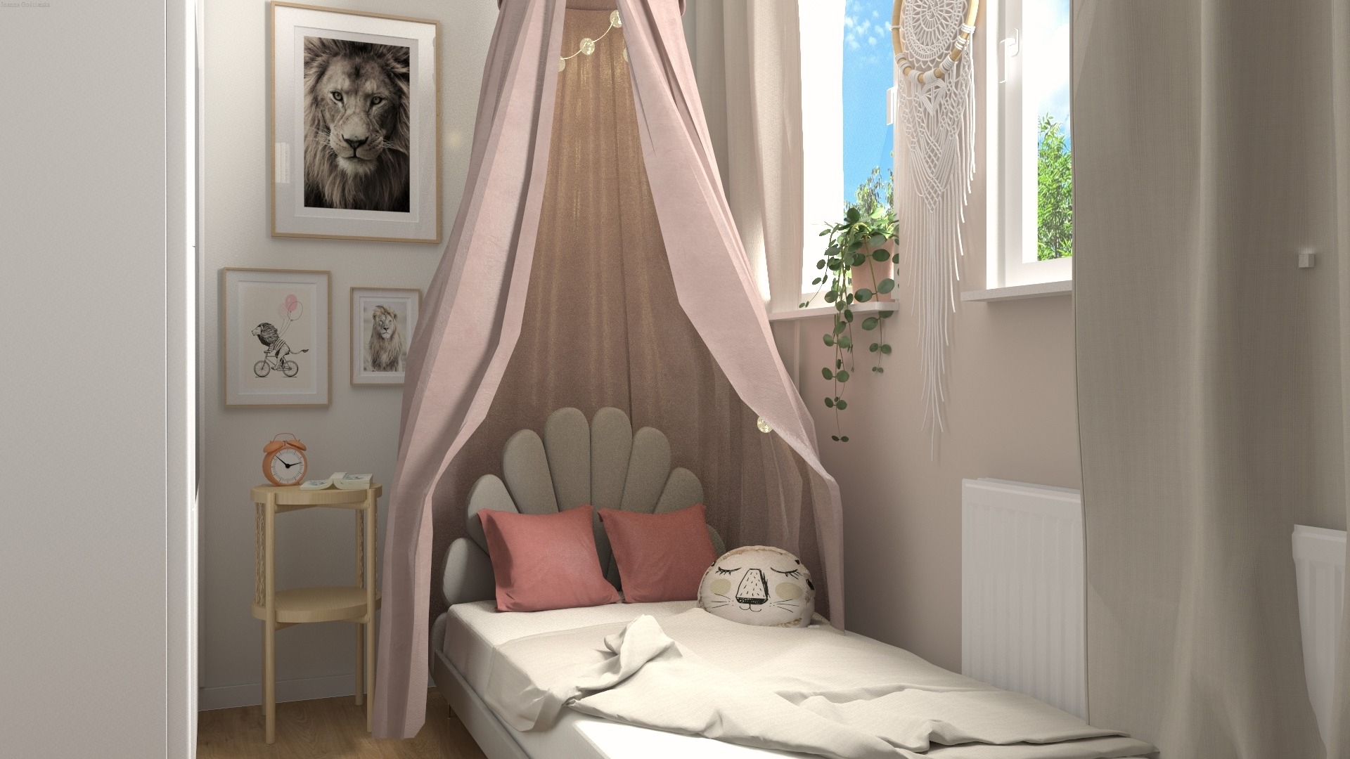 Pokój dziecięcy z łóżkiem pod baldachimem, poduszki w kształcie zwierząt, grafiki ze zwierzętami na ścianie, roślina pnąca przy oknie, w stylu skandynawskim.