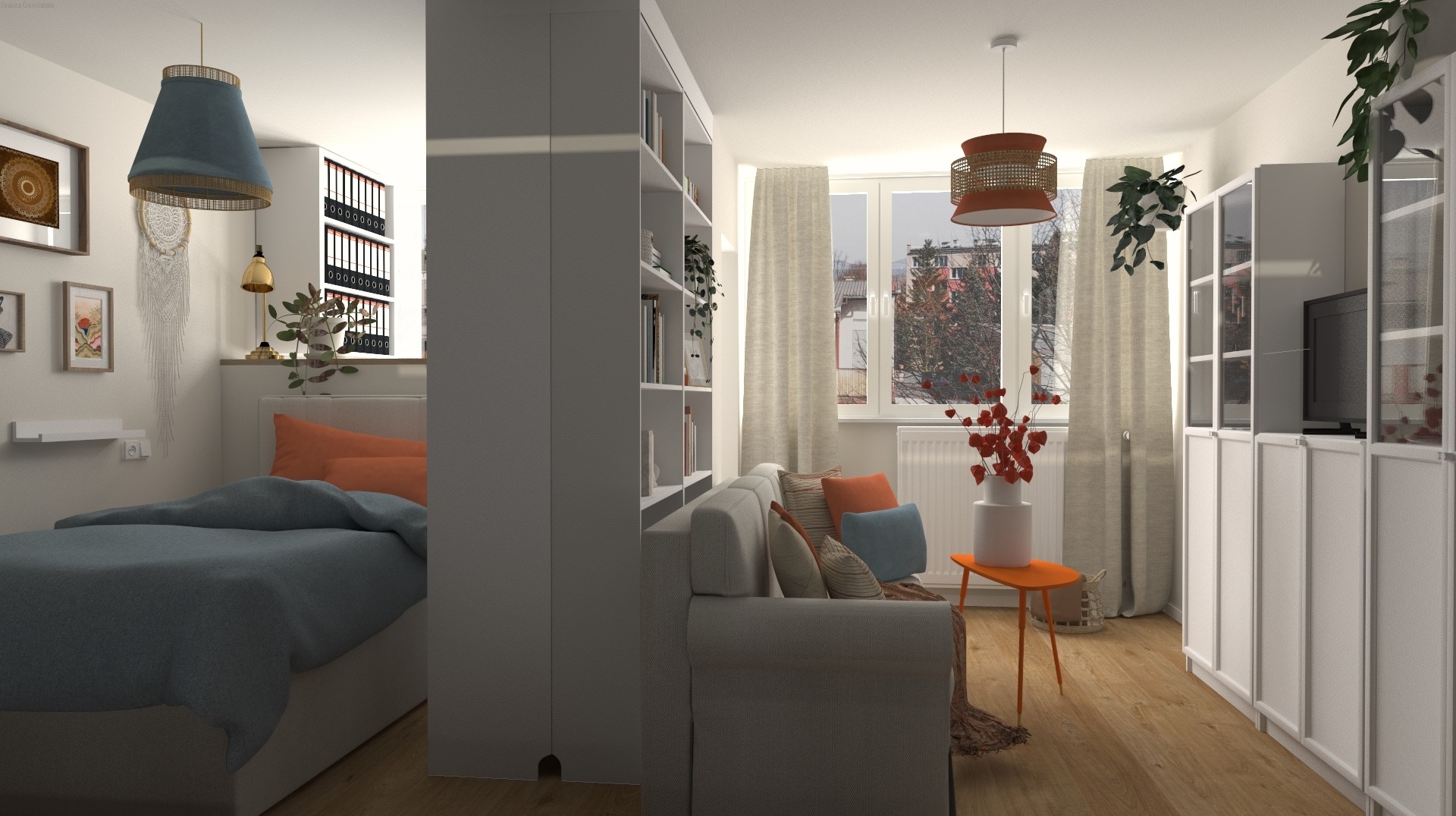 wielofuncyjny pokój łączący strefę dzienną, sypialnianą oraz biuro. A do tego sporo miejsca do przechowywania