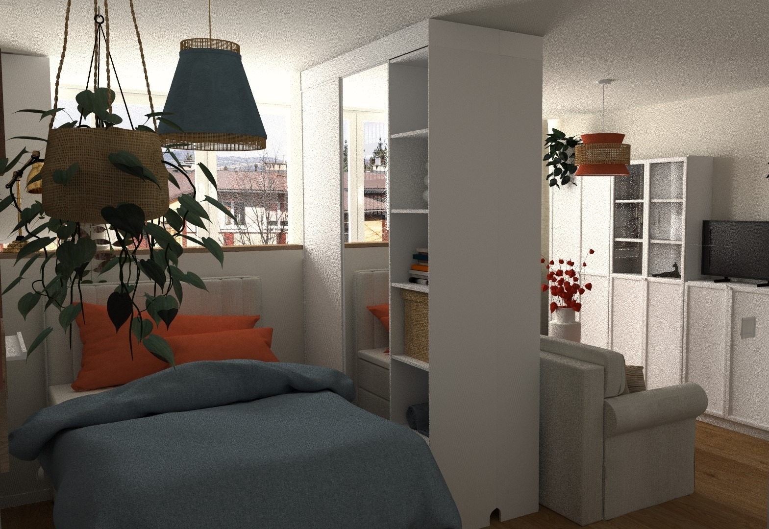 Wizualizacja sypialni z łóżkiem, pomarańczowymi poduszkami, wiszącą rośliną w jutowym koszu, lampą z abażurem i białym regałem działowym z półkami.