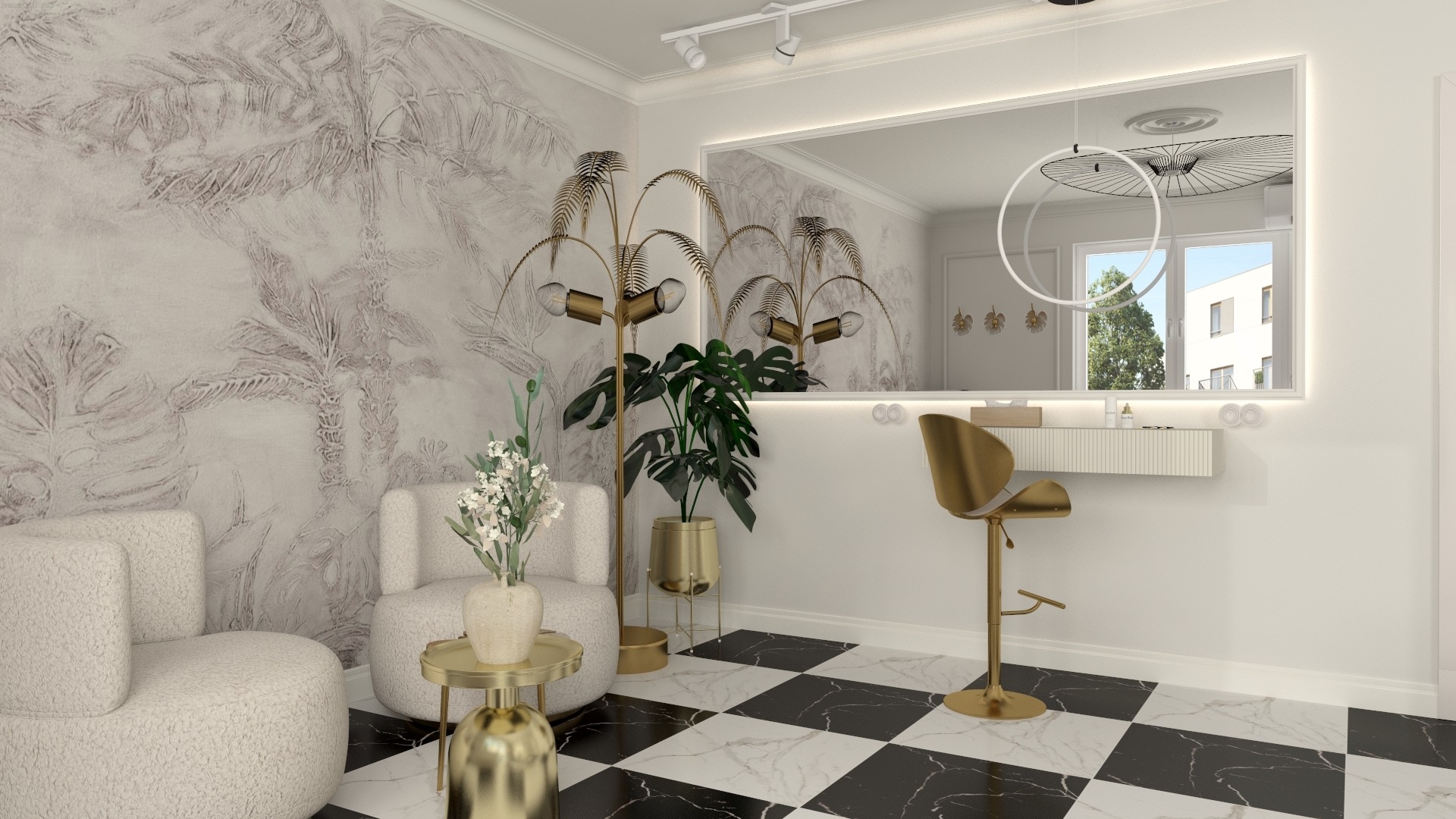 Wnętrze z fotelami boucle, stolikiem w kolorze złota, roślinami w złotych donicach i tapetą w motywy tropikalne, odbijające się w podświetlanym lustrze nad blatem z krzesłem barowym w kolorze złota...