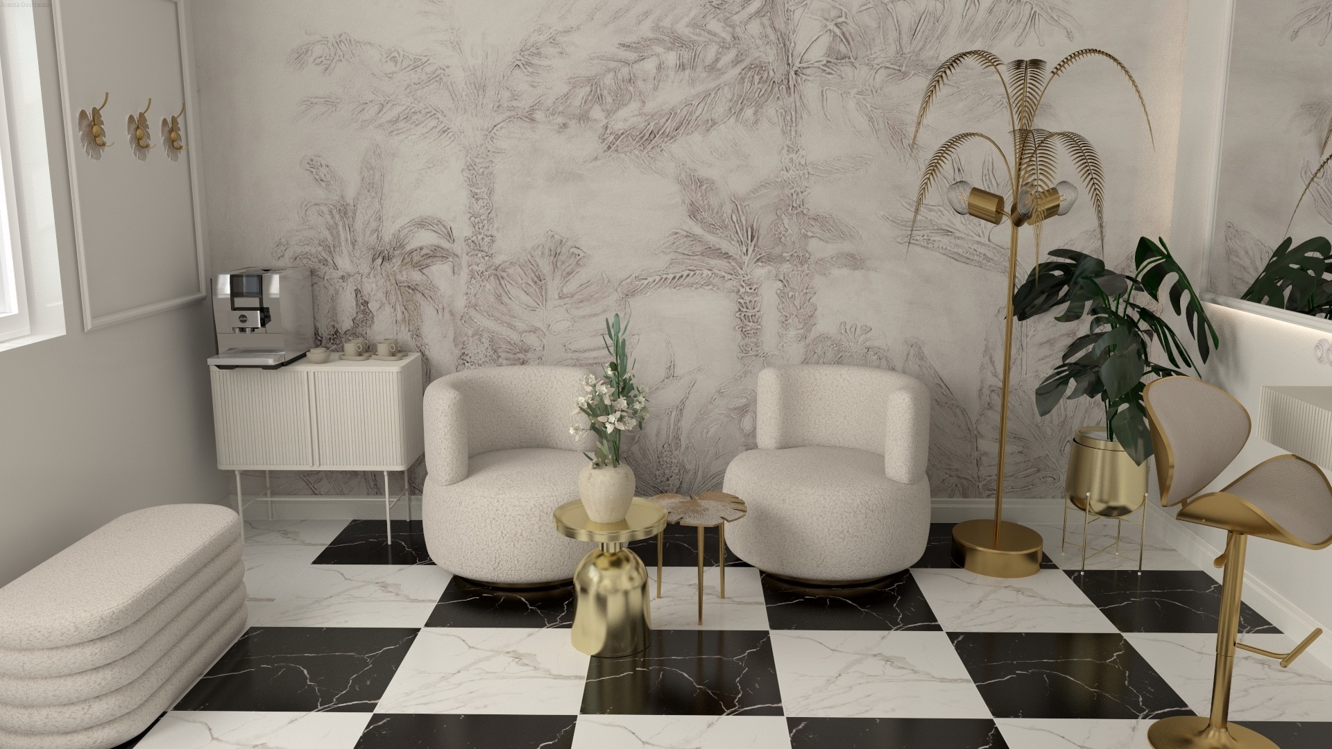 Wnętrze poczekalni z fotelami boucle, stolikami kawowymi w kolorze złota, tapetą w motywy roślinne i podłogą w szachownicę.