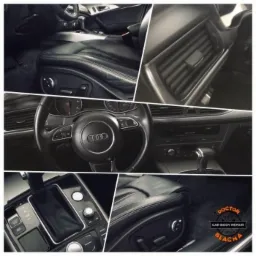 Kolaż detali wnętrza Audi A6: skórzane fotele z regulacją, kierownica z logo, panel klimatyzacji, dźwignia zmiany biegów, z logo warsztatu blacharskiego w rogu.