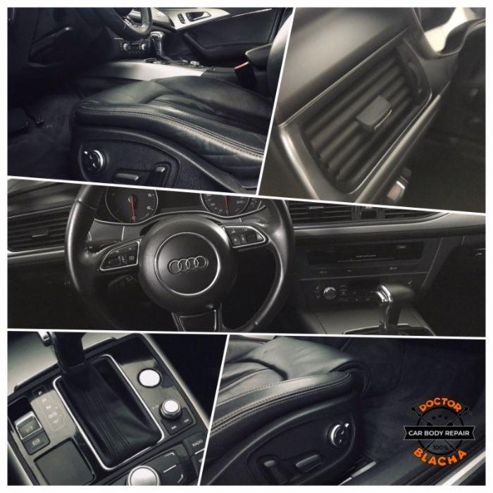 Kolaż detali wnętrza Audi A6: skórzane fotele z regulacją, kierownica z logo, panel klimatyzacji, dźwignia zmiany biegów, z logo warsztatu blacharskiego w rogu.