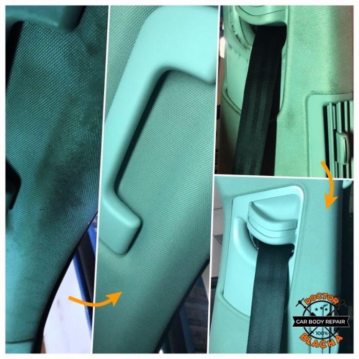 Fotografia przedstawia fragment wnętrza samochodu przed i po czyszczeniu tapicerki podsufitki, uchwytu i pasa bezpieczeństwa, z widocznym logo firmy detailingowej.