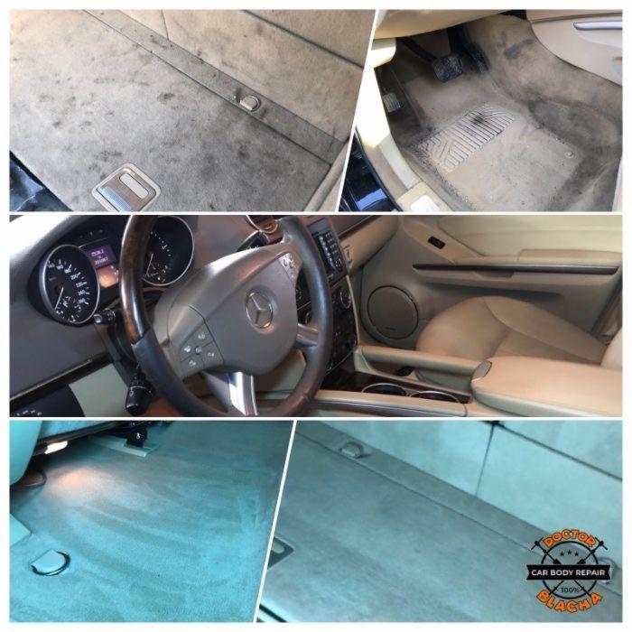 Zestawienie zdjęć bardzo zabrudzonej tapicerki, dywaników i podłogi samochodu marki Mercedes przed czyszczeniem, widoczne ciemne plamy i osady.