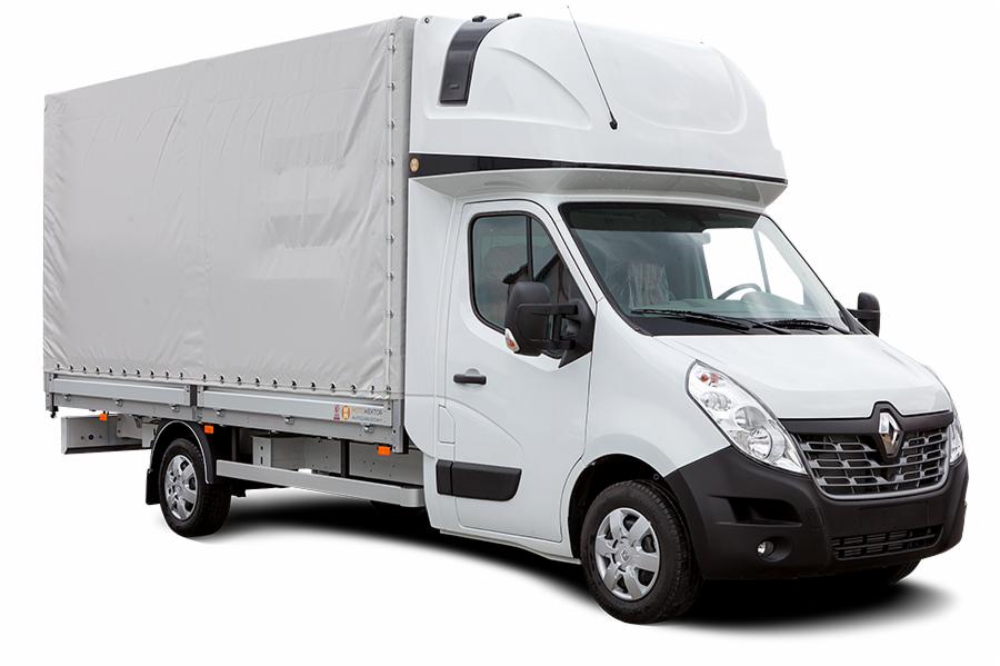 Biały samochód dostawczy Renault Master z plandeką, widok z przodu i boku, czyste tło.