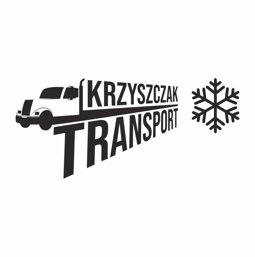 Czarno-białe logo firmy transportowej Krzyszczak Transport z symbolem ciężarówki i płatka śniegu.