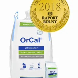 Dwa worki nawozu OrCal, jeden duży 1000kg i drugi mniejszy, z naklejoną złotą odznaką 'Firmowy Hit Roku 2018 Raport Rolny'.