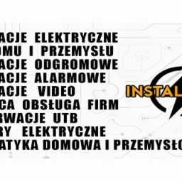 Grafika reklamowa firmy Instal-Wilk oferującej instalacje elektryczne, odgromowe, alarmowe, wideo, pomiary elektryczne, automatykę domową i przemysłową oraz konserwację UTB.