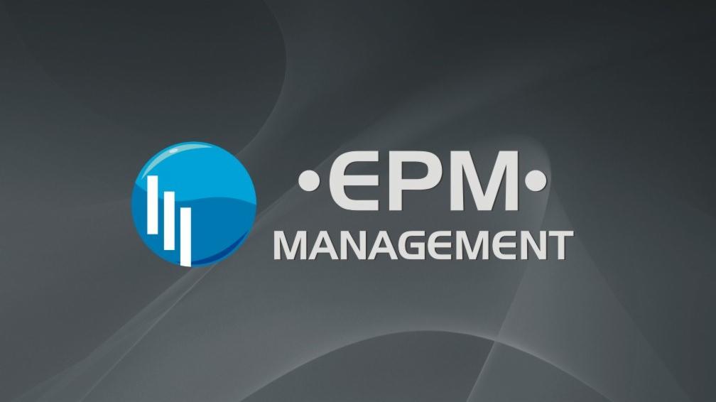 Logo EPM Management z niebieską kulą i trzema białymi pionowymi paskami na szarym tle z delikatnymi wzorami.