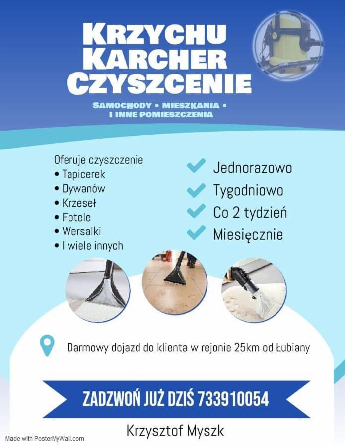 Reklama firmy oferującej czyszczenie tapicerek, dywanów, krzeseł, foteli i wersalek, z informacją o dojeździe do klienta i numerem telefonu.