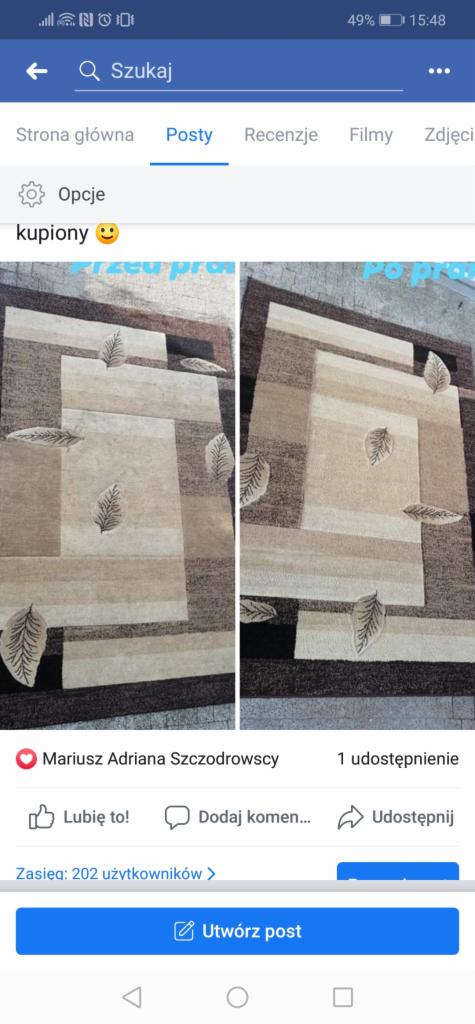 Dwa ujęcia tego samego dywanu w geometryczne wzory z motywem liści, prezentujące efekt przed i po czyszczeniu, widoczne minimalne różnice w odcieniach.