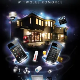 Grafika koncepcyjna inteligentnego domu sterowanego z telefonu, z wizualizacją kamery monitoringu, rolet, oświetlenia i innych urządzeń.
