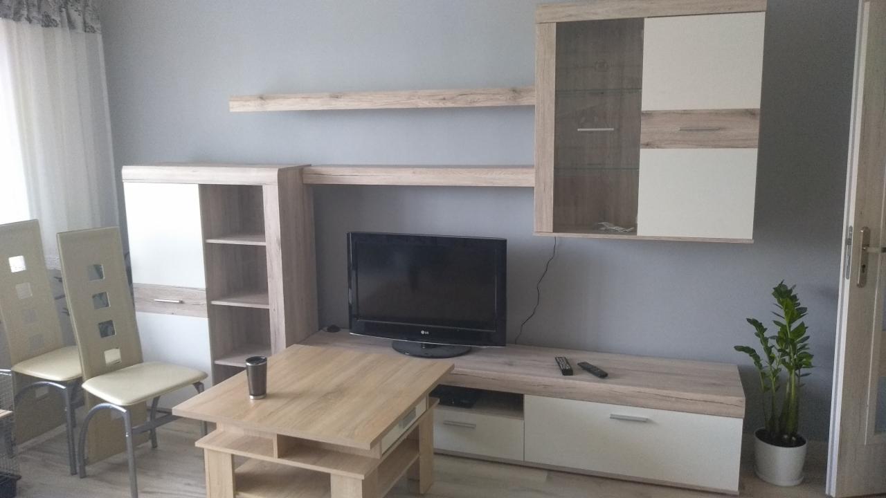 Jasnoszary salon z meblościanką w odcieniach drewna i bieli, telewizorem, stolikiem kawowym, dwoma krzesłami i rośliną doniczkową przy drzwiach.