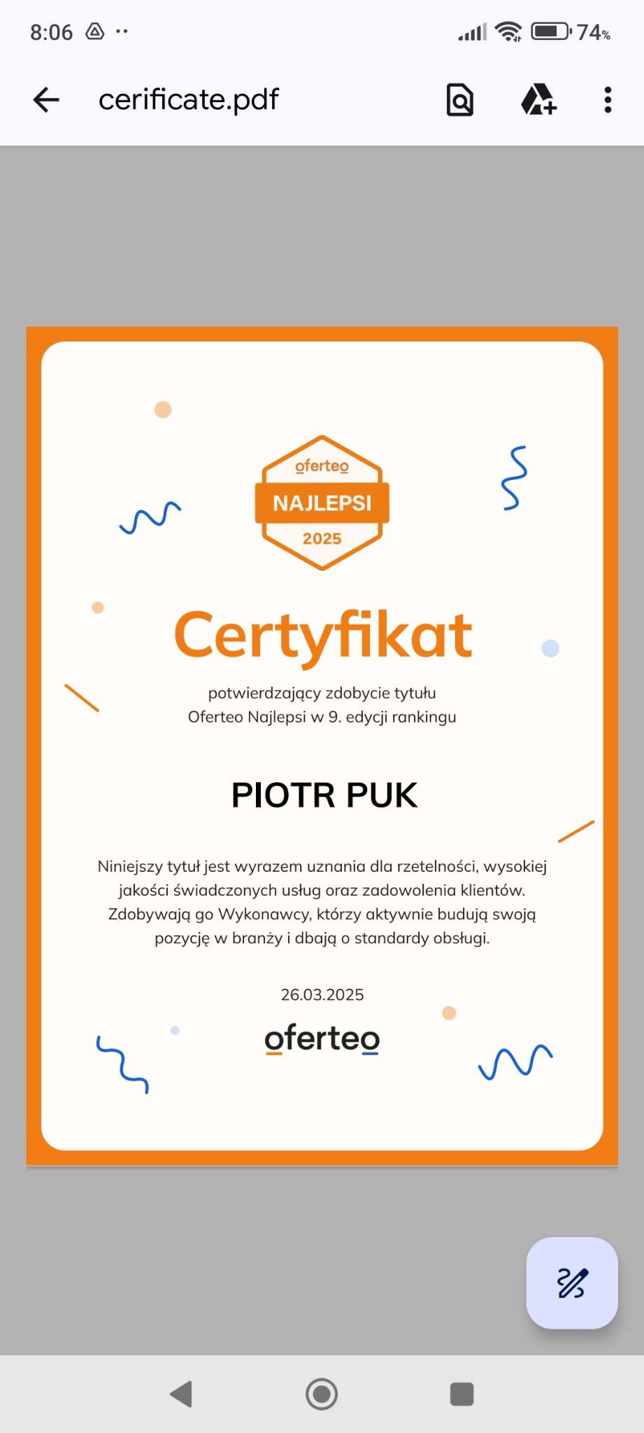 Certyfikat Oferteo Najlepsi 2025 dla firmy Piotr Puk, potwierdzający wysoką jakość świadczonych usług oraz zadowolenie klientów, z datą 26.03.2025.