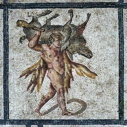 resinart - Mozaika podłogowa przedstawiająca Herkulesa niosącego lwa nemejskiego, w odcieniach beżu, brązu i szarości, z czarną obwódką.