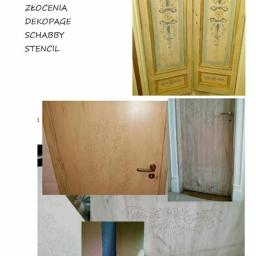 resinart - Kolaż zdjęć przedstawiających proces dekorowania drzwi z wykorzystaniem szablonów i farb, od szkiców po częściowo wykończone detale.