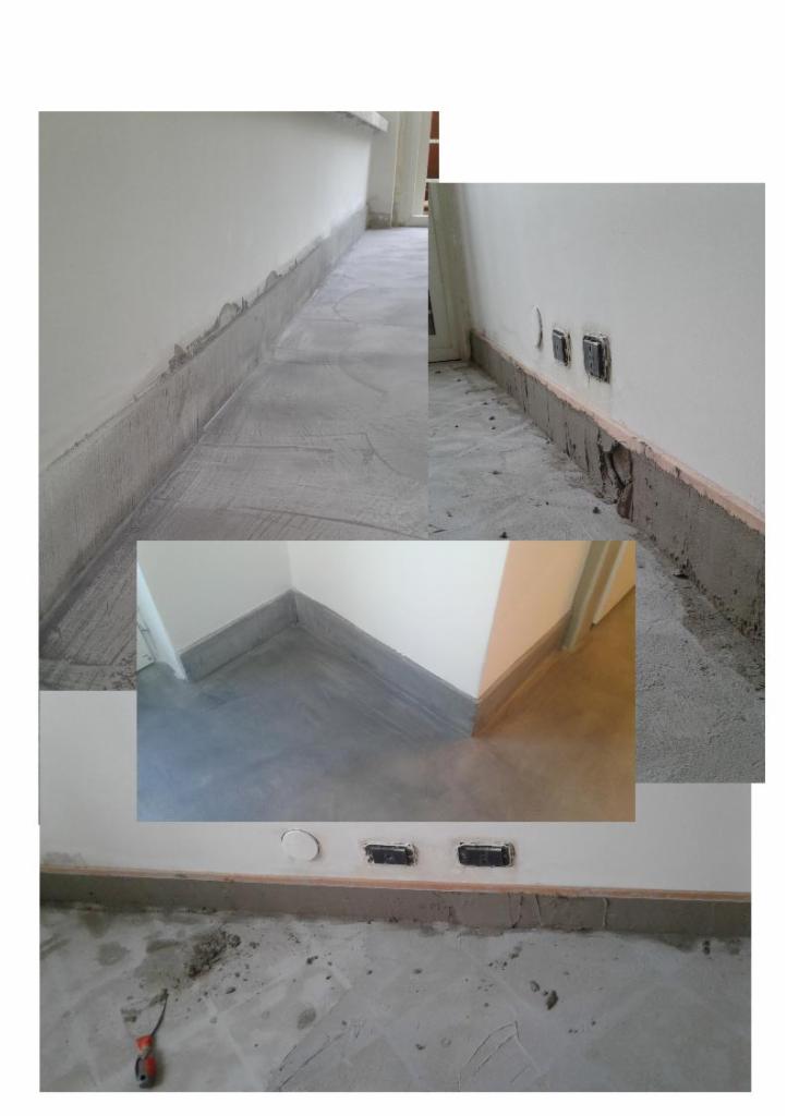 Połączenie kilku ujęć: wyrównywanie ścian i podłogi szpachlą cementową wzdłuż listew przypodłogowych i gniazdek elektrycznych, przygotowanie podłoża pod dalsze prace wykończeniowe.