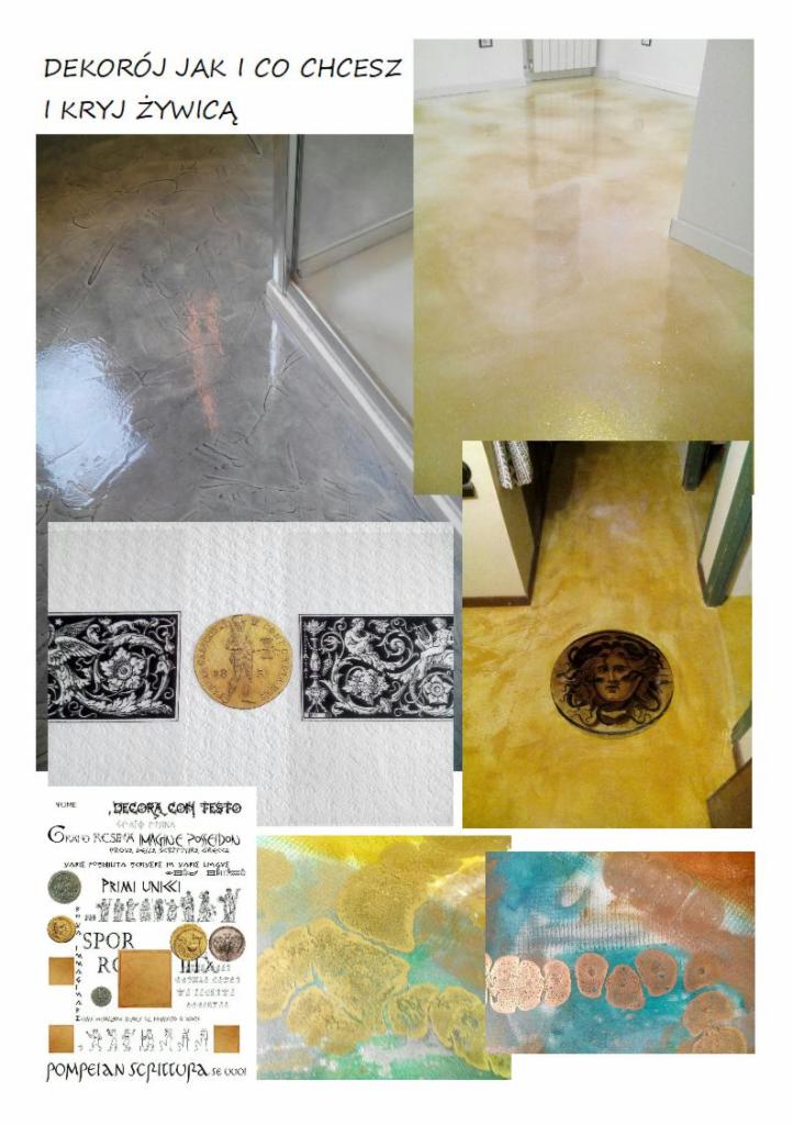 Kolaż zdjęć przedstawiających różne wykończenia podłóg z efektem żywicy, w tym zbliżenie na wzory na podłodze w łazience, podłogę w odcieniach złota i beżu oraz dekoracyjne detale inspirowane...