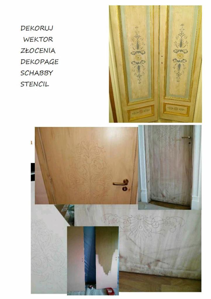 Kolaż zdjęć przedstawiających proces dekorowania drzwi z wykorzystaniem szablonów i farb, od szkiców po częściowo wykończone detale.