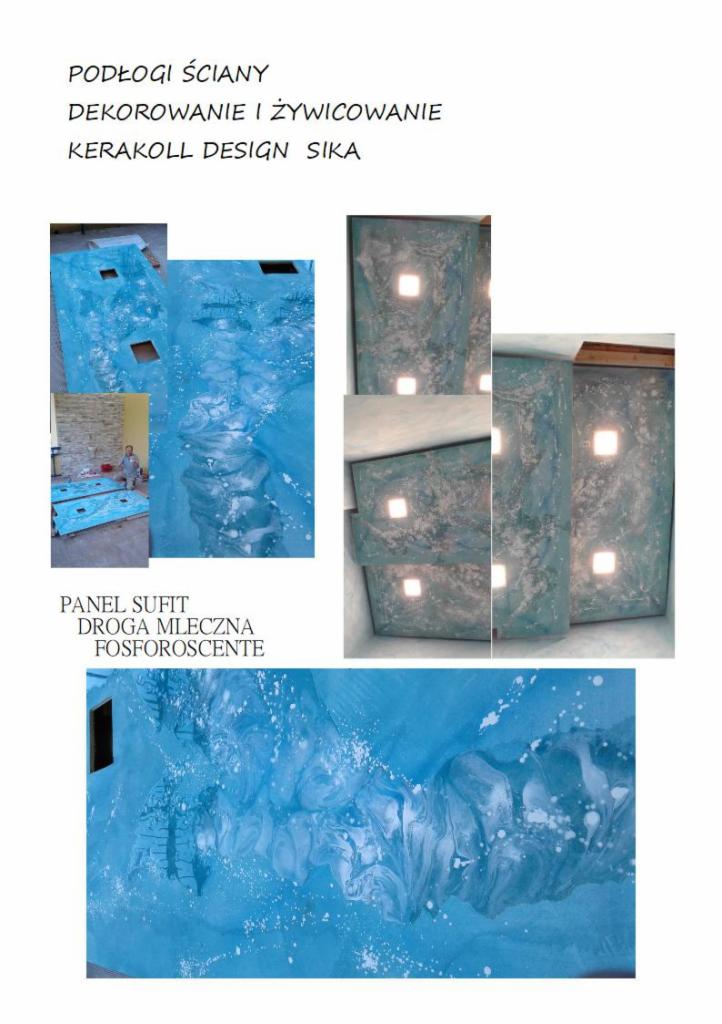 Prezentacja dekoracyjnych paneli ściennych i sufitowych z efektem fosforescencyjnej drogi mlecznej, wykonanych z żywicy, z widocznym fragmentem montażu i oświetleniem punktowym.