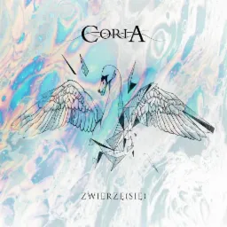 Grafika albumu muzycznego: stylizowany łabędź z geometrycznymi elementami na tle tęczowych plam. Nazwa zespołu 'Coria' u góry, tytuł 'Zwierzę(się)' na dole.