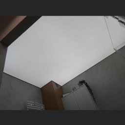 Firma Usługowa Majer - Biały sufit napinany w łazience z szarymi ścianami o teksturze betonu, widoczny grzejnik drabinkowy, szafka z rośliną i brązowy fragment ściany, ujęcie z dołu.