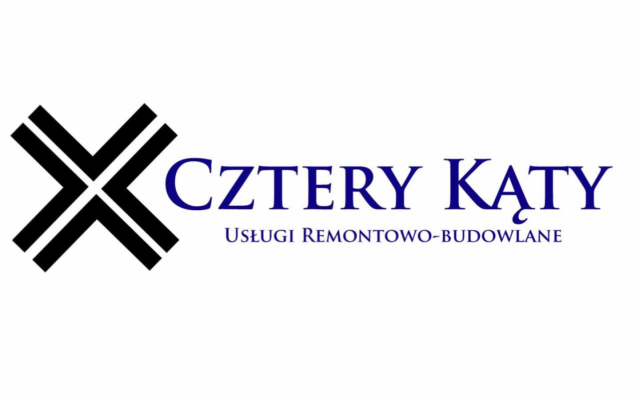 Logo firmy remontowo-budowlanej Cztery Kąty z symbolem graficznym i napisem Usługi Remontowo-Budowlane w kolorze granatowym na białym tle.