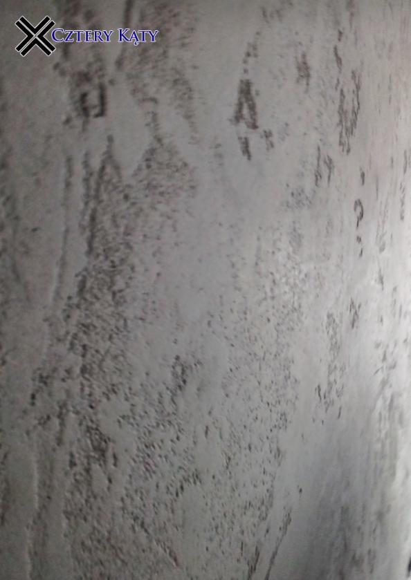 Szara ściana z wyraźną, nieregularną fakturą, widoczny znak wodny w lewym górnym rogu.