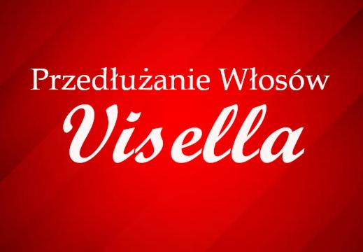 Czerwone tło z napisem 'Przedłużanie Włosów' i nazwą 'Visella' w białej, ozdobnej czcionce.