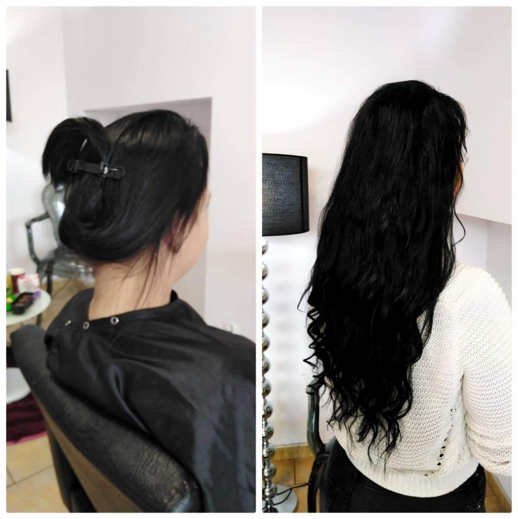 Dwa ujęcia tej samej kobiety: przed - włosy upięte spinką, zabezpieczone peleryną, i po - długie, czarne, pofalowane włosy, widok z tyłu, biały sweter.