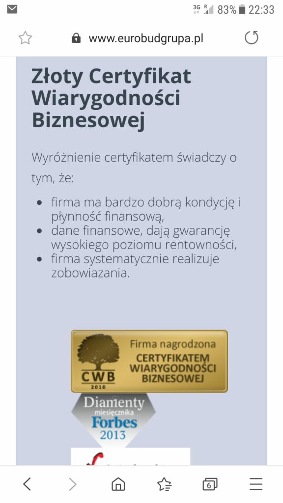 Zrzut ekranu strony internetowej eurobudgrupa.pl prezentujący Złoty Certyfikat Wiarygodności Biznesowej oraz wyróżnienie Diamenty Forbes 2013.