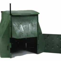 Zielony kompostownik ogrodowy BULBEOS z otwartymi drzwiczkami, widoczny na białym tle.