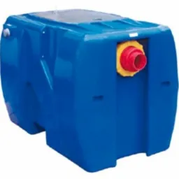 Niebieski, prostokątny separator tłuszczu z żółtym i czerwonym przyłączem, widok z przodu na białym tle.