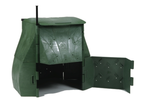 Zielony kompostownik ogrodowy BULBEOS z otwartymi drzwiczkami, widoczny na białym tle.