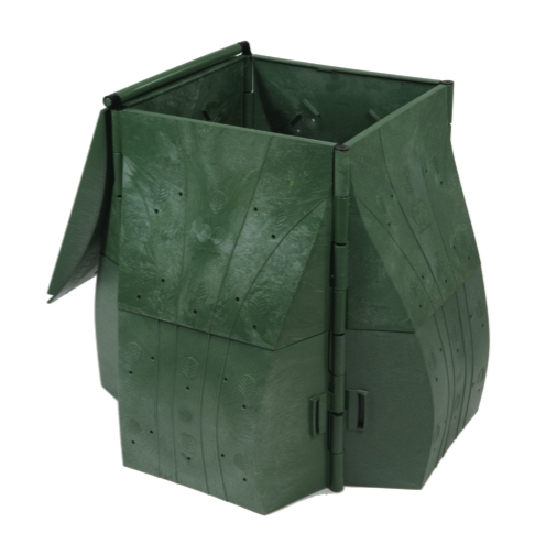 Zielony kompostownik ogrodowy BULBEOS z otwartą klapą, widoczne otwory wentylacyjne i segmentowa konstrukcja z tworzywa sztucznego.