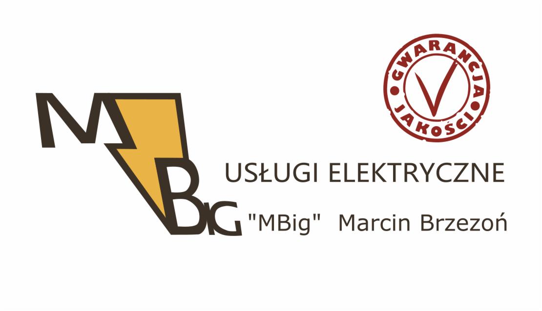 Logo firmy MBig Marcin Brzezoń oferującej usługi elektryczne, z symbolem błyskawicy i znakiem gwarancji jakości.