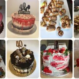 Kompozycja kolażu z ośmiu zdjęć: tort z napisem 'Dla Kochanej Mamy', tort z napisem '40 Sexy Renata', bułeczki drożdżowe, stół z przekąskami, stół z sałatkami i przekąskami, tort z alkoholem...