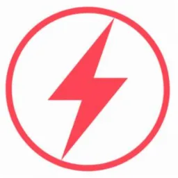 Czerwony symbol błyskawicy w okręgu na białym tle, minimalistyczny design.