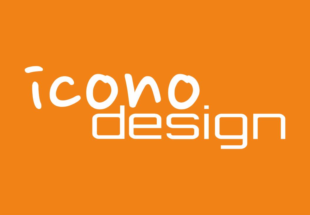 Logo 'icono design' w białym kolorze na pomarańczowym tle, z charakterystyczną typografią i zaokrąglonymi kształtami liter.