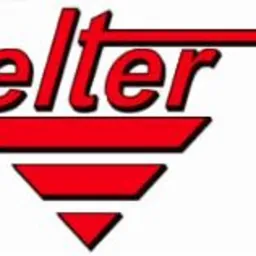 Czerwone logo firmy Elter z stylizowanym symbolem strzałki skierowanej w dół, umieszczone na białym tle.